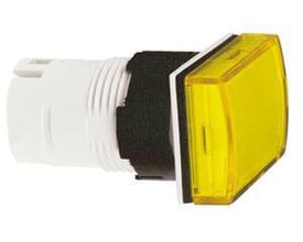 Schneider Electric rektangulært lampehoved i gul plast med Ø16 mm frontring og hvid bajonetfatning på en neutral baggrund.