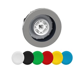 Schneider Electric Flush trykknaphoved ZB4F med metalramme og hvidt monteringshus. Seks farvede trykflader vises forneden.