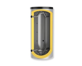 Snitside af Langå Eldom akkumuleringstank på 500 liter, viser isolering, indre rørføring og tankens konstruktion.