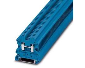 Detalje af Phoenix Contact UT 2,5 BU gennemgangsklemme, viser skrueterminalerne og monteringsskinne.