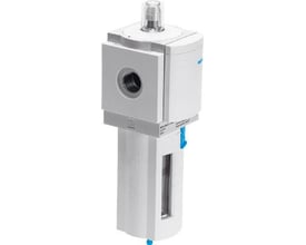 Festo finfilter MS6-LFM-1/2-BRV-DA i hvid plast med synligt trykluftfilterhus og klar top med trykmåler.