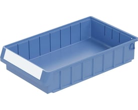 Bito Lagerteknik reolkasse RK i blå plast med dimensionerne 400x234x80 mm, vist med et hvidt etikettefelt.