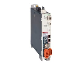 Schneider Electric Lexium LXM52 enkeltdrev med en kapacitet på 18A og 400V, vist fra siden med tydelige mærkater og tilslutningsporte.