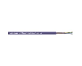 Lapp UNITRONIC BUS LD datakabel med mørkelilla ydre kappe og 3x2x0,22 dimension. Flettet skærm og farvekodede ledere ses ved enden.
