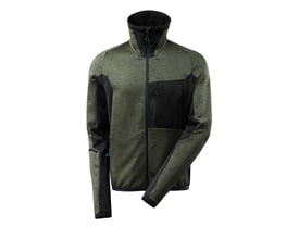 Fuldt frontbillede af Mascot fleecetrøje i mosgrøn og sort, XS, med tydelige sorte paneler og lynlåse.