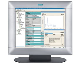 Siemens SIMATIC PDM SOFTWARE 100 TAG, vist på en computerskærm med programvinduer, der viser grafer og data.