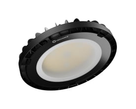 LEDVANCE High Bay Compact LED-armatur med sort, rundt kabinet og hvid lysflade, vist skråt forfra.