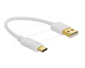 DeLock USB-ladekabel med kort, hvidt kabel og USB Type-A-stik i den ene ende samt USB Type-C-stik i den anden, 15 cm.