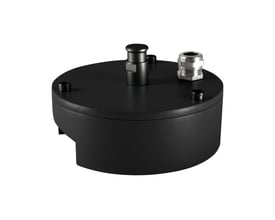 SG Armaturen Wax vægdåse i sort trykstøbt aluminium med en diameter på 136 mm og en højde på 49 mm.