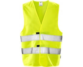 Kansas Fristads Hi-Vis vejvest KL2 501 i gul, størrelse M/L med reflekser og mærkelogo. Vesten er åbenstående med V-hals.