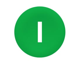 Schneider Electric grøn trykflade med hvidt I symbol, designet til Ø30 mm flush trykknaphoveder på hvid baggrund.