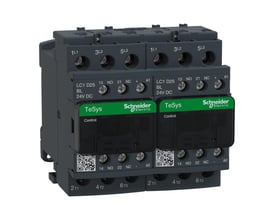 Schneider Electric TeSys D reverseringskontaktor set fra en anden vinkel, fremhæver terminaler og mærkater med 25A og 24VDC.