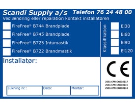 Scandi Supply CE-mærkat til brandlukning, viser FireFree produkter B744, B745, B725, B722 og klassifikationer El30, El60, El90, El120.