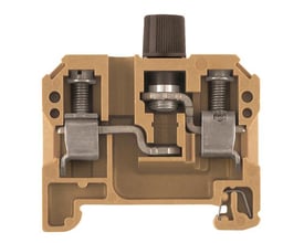 Weidmüller sikringsklemme SAKS 1/35 G25 med skrue/skrue terminaler, 10A, 500VAC/DC, monteret på TS35 skinne.