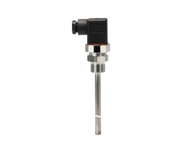 Sidevisning af Danfoss MBT 5250 temperaturføleren, der viser den 100mm lange rustfri stålsensor og tilslutningshoved.