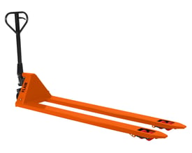 FLAIR FL20202 palleløfter i klar orange farve med sort håndtag og røde PU-hjul, velegnet til 2000kg og 2000mm lange paller.