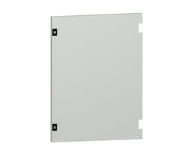 Grå låge 7035 i polyester fra Schneider Electric til NSYPLM75 uden lås, med synlige skruehuller og logo.