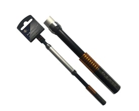 BaTo Slim Quicklock-bitsholder på 200 mm med 1/4" fatning, sort og sølvfarvet med orange detaljer og emballagekort.