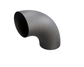 Indura 90 graders bøjning til 711 x 8 mm rør i P265GH stål, vist på hvid baggrund.