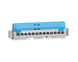 Legrand terminal blok i blå og grå, 141mm lang, med universalsupport til DIN-skinne, viser 1x6-25 og 16x1,5-16MM2 tilslutninger.