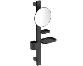Ideal Standard Alu+ makeup spejl med hylder i silk black, viser et rundt spejl med to aflange hylder og en holder på en sort, mat metalstang.