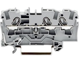 Detaljeret billede af Wagos grå gennemgangsklemme, der viser indersiden af tilslutningsmekanismen.