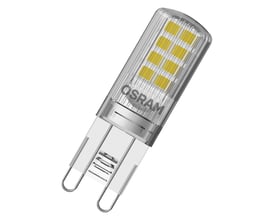 Detaljeret billede af en Ledvance G9 LED PIN mat pære, fremhæver OSRAM-logoet og den ribbede overflade på pærens glaskolbe.