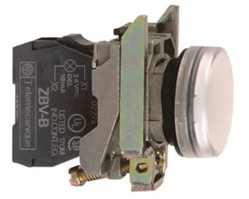 Schneider Electric signallampe ZBV-B, hvid LED, 110-120V AC, Ø 22mm metal med Telemekanique mærkning.