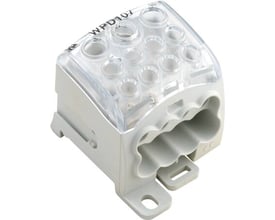 Weidmüller fordelerklemme med skrueterminaler, 1-faset, 690V AC, med tydelig mærkning og klar plastoverdel.