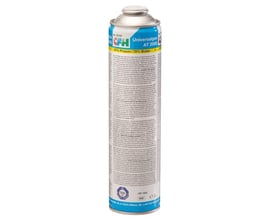 Bagside af CFH universal gasdåse AT2000, viser detaljeret trykt tekst om indhold og brug, samt EU 7/16" gevind.