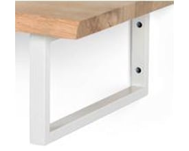 Hvide konsoller til håndvask med en dybde på 43 cm og en højde på 20 cm, monteret under et lysebrunt træbordplade.