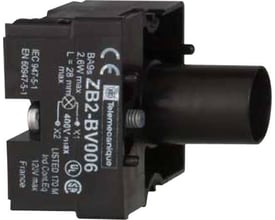 Schneider Electric Harmony XB2 lampekrop med BA9s fatning og 400V mærkning, vist fra siden med mørk baggrund.