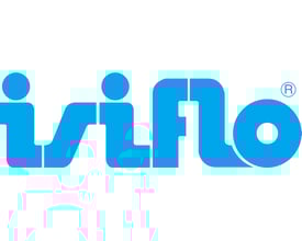 Isiflo logo i blå farve på hvid baggrund med registreret varemærke ikon.