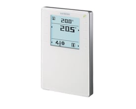 Siemens QMX3.P34 rumapparat med integreret temperaturføler og KNX, hvid med lysblåt LED display, der viser 20.0°C og 20.5°C.