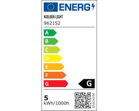 Energimærke for Nielsen Light pære med produktnummer 962152, viser energiklasse G og 5 kWh/1000h forbrug.