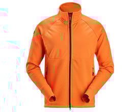 Detalje af Snickers Workwear orange FlexiWork jakke, der viser raglanærmer, tommelfingergreb og blødt stof.