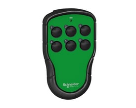 Schneider Electric ZART06 pocket sender med 6 nummererede knapper, grønt frontpanel og batteriindikator.