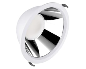 Hvidt, rundt Ledvance Downlight Comfort HE-indbygningsarmatur med sølvfarvet reflektor og diffusor, set skråt forfra.