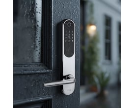 Zafe T-Lock HOME dørlås i rustfri Scandi 57 mm-udførelse monteret på en mørk dør med regndråber.