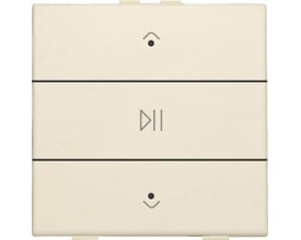 Niko Audio tryk i creme farve med LED-indikator og ikoner for play/pause og op/ned. Trykket er fremstillet i holdbart plastmateriale.
