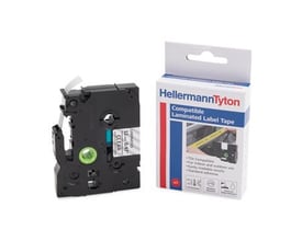 HellermannTyton HTZ231 lamineret labeltape, 12 mm og 8 meter, ses som en sort kassette ved siden af emballagen.