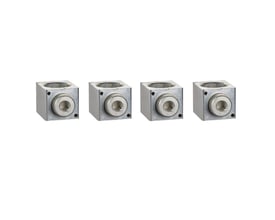 Fire Schneider Electric klemmestykker til 35-300mm² kabler, lavet af aluminium, opstillet i en række på en hvid baggrund.