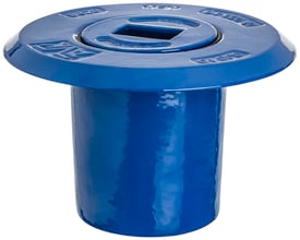 Avk flydende gadedæksel i blå duktiljern med en diameter på 240 mm og en højde på 150 mm.