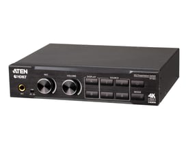 ATEN VP1421-AT-G 4 x 2 True 4K matrix-switch set skråt forfra med drejeknapper og valgknapper på fronten.