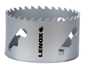 Lenox Carbide Tipped hulsav på 108 mm med synlige tænder og udskæringer i den sølvfarvede cylinder.