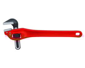 Rød Ridgid rørtang model 14, 2" kapacitet, med stærke kæber og hængehul i håndtaget, vist på hvid baggrund.