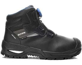 Elten sikkerhedsstøvle 768751 Stefano BOA S3 i sort læder med blå detaljer ved skaftet og BOA Fit System lukning.