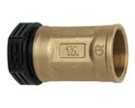 IMI TA 32 mm x 1.1/4" messing overgangsmuffe med sort plasttrykskrue, PN16, vist fra siden på hvid baggrund.