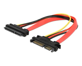 DeLOCK SATA-forlængerkabel på 0,2 meter med 22-pin han- og hunstik, sorte stik og røde, sorte og gule ledninger.