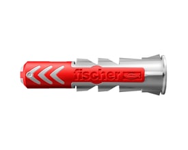 Fischer DUOPOWER dybel i grå og rød nylon, 14x70 mm, med tydelige ribber og logo på hvid baggrund.